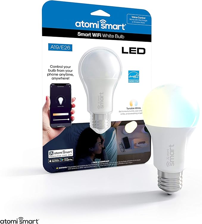 Atomi Smart WiFi White LED Bulb with Dimmable and Tunable White Light (2700K-6000K), E26 A19, No Hub Required, 60W Equivalent, Free App Download, Compatible with Alexa & Google Home, 1-Pack