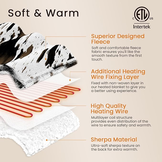 Heated Blanket Queen Blanket - Fast Heating Electric Blanket, Soft Flannel Heated Queen with 4 Time Settings,10 Heating Settings, Warm Gifts for Women & Mom & Grandma(84"x90"Cow Print White)
