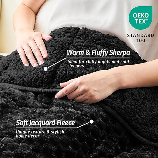 Wemore Fleece Weighted Blanket for Adults (48" x 72" 15lbs, Black), Dual Sided Cozy Soft Sherpa Heavy Blanket, 3D Imitation Turtle Shell Warm Jacquard Flannel Weighted Blankets
