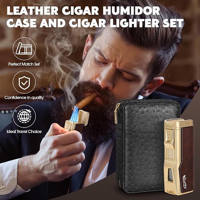 Scotte Cigar Humidor Box, Cigar Lighter Cedar Wood Lined Leather Cigar Case Built in Hygrometer & Humidifier, Torch Lighter with Cigar Holder Cigar Punch Portable Travel Cigar Humidor Kit (Black)