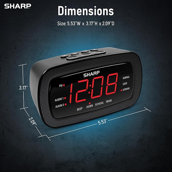 Sharp Shockwave Alarm Clock for Heavy Sleepers – 105dB Ultra-Loud Wake-Up, Air Horn, School Bell, Train Whistle, Beep, Dual Alarms, 3 Adjustable Volumes, LED Display Dimmer