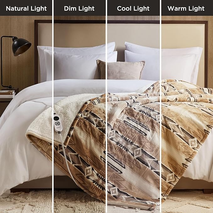 Woolrich Heated Throw Blanket with Ultra Soft Plush and Sherpa Reverse, 12 Heat Settings, Auto Shut-Off, Boho Farmhouse & English Country Gift Throw – Aztec Pattern, 50"x60"