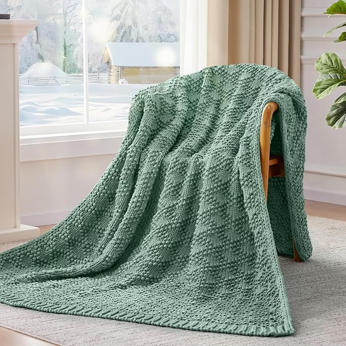 Knitted Weighted Blanket for Adult, Chunky Knit Weighted Throw for Sleep 60"*80" 17lbs, Cooling Breathable Machine Washable Heavy Blanket for Room Decor (HazeGreen, Queen)