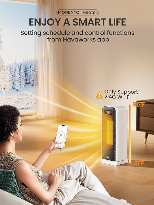 MORENTO Space Heaters for Indoor Use, Electric Portable Heater for Bedroom with Thermostat, WiFi Voice Control, 36dB Quiet 4 Modes 12H Timer, 1500W PTC Ceramic Heater for Office Home 1Pack White