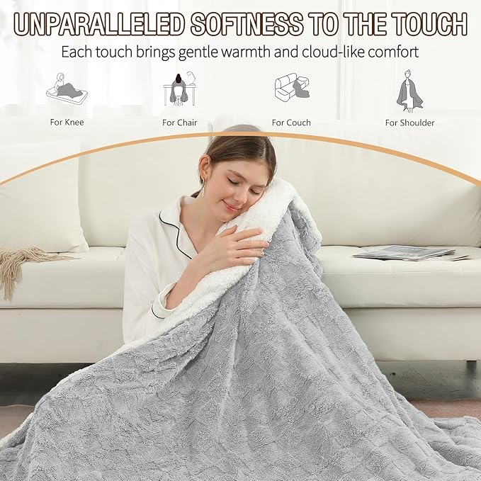 Electric Heating Blanket Throw size 50x60,Electric Blanket Checkered Weave-Wool Blend Heated Blanket,Rapid Heating 6 Temperature Settings 4-Hour Auto Shut-Off ETL Certified,Machine Washable,Light Gray