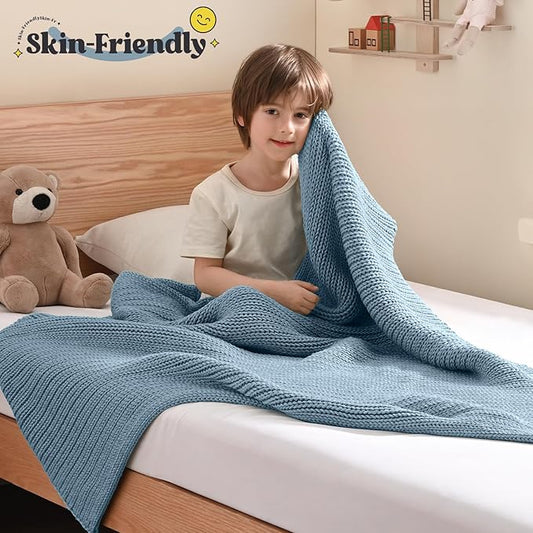 Guohaoi Knitted Weighted Blanket Kids (Haze Blue 50"x60" 7lbs) No Beads Cooling Heavy Blanket, Home Decor Breathable Chunky Knit Throw Blanket for All-Season Use