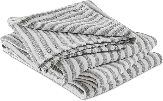 EMME Cotton Muslin Queen Blanket Bed Layering Bedspread Coverlet Breathable Gauze Soft Lightweight Adults (Striped Grey, 90"x90")