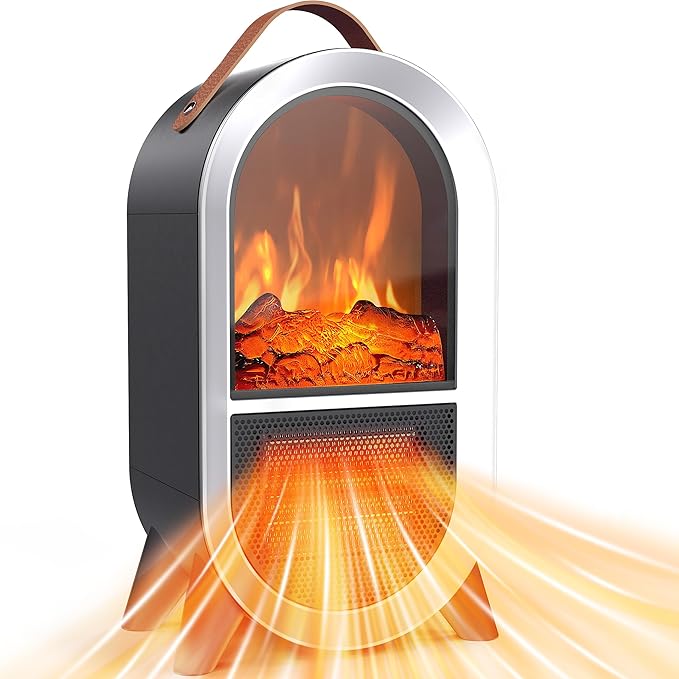 Portable Electric Fireplace Heater, 1500W/750W Mini Space Heater for Indoor Use with 3D Flame, Thermostat, Carry Handle, Overheat & Tipover Protection, for Home Office Bedroom Desk, Black