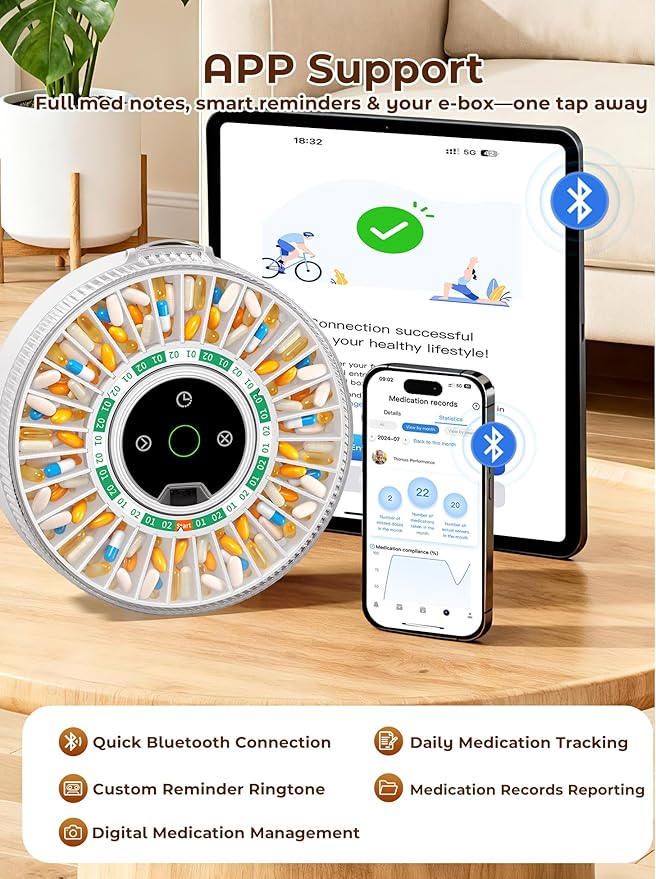 Betife Automatic Pill Dispenser for Elderly with Alarm – 31-Day Smart Bluetooth Pill Box, App Support, Fingerprint + Key Dual Lock, Arthritis-Easy Open, Plug-in/Battery Backup, Monthly Timer Dispenser
