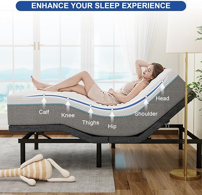 Vipbear Queen Adjustable Beds with Thickened Frame, Adjustable Bed Frame with Pillow-Tilt,Separate Head/Foot Lift,Smart APP Control, Massage, Zero Gravity, Anti-Snore, Wireless Remote,USB Ports