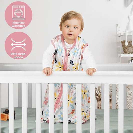 3 Pack Baby Sleep Sack 0-6 Months 100% Rayon Cotton Baby Sleeping Bag 2-Way Zipper Toddler Wearable Blankets Comfy Stretchy Lightweight TOG 0.3 (Heart&Pink&Floral)