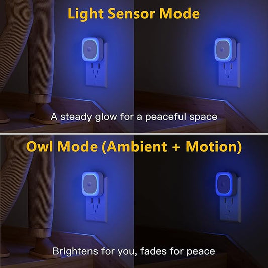 2 Pack Plug in Night Light with Motion Sensor & Dusk to Dawn Sensor, 3 Sensor Modes, Blue Night Lights Plug into Wall, Dimmable Nightlight for Bathroom, Bedroom, Indoor