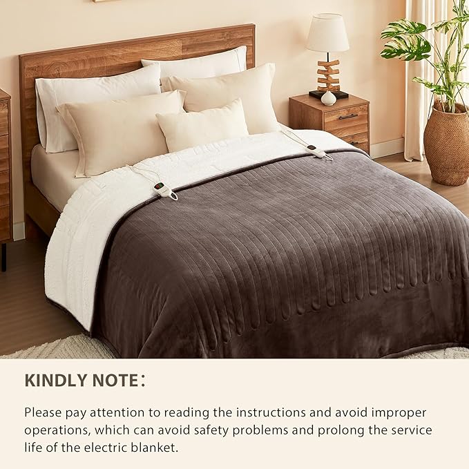 Homemate Electric Heated Blanket Queen - 84"x90" Heating Bed Blankets Throw with 10 Heating Levels 8 Hours Auto Off Fast Heating Over-Heated Protection Ultra Soft Warm Flannel ETL Certified Brown