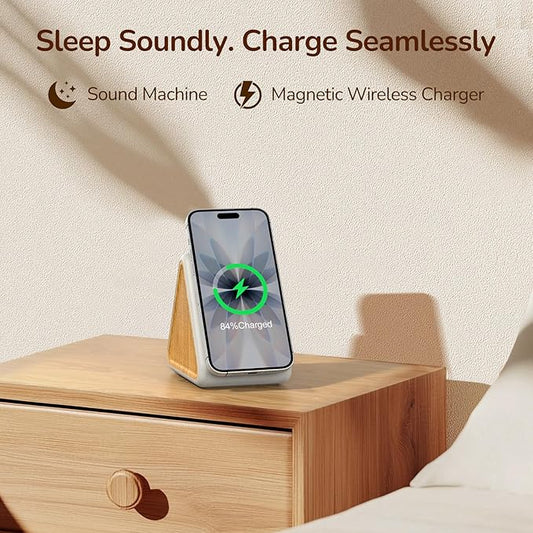 Housbay 2-in-1 White Noise Sound Machine & Magnetic Wireless Charger, Stereo Sleep Sounds, Clutter-Free Bedside Charging Station for iPhone - White Oak