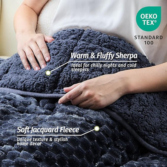 Wemore Fleece Weighted Blanket for Adults (60" x 80" 15lbs, Grey-Blue), Dual Sided Cozy Soft Sherpa Heavy Blanket, 3D Imitation Turtle Shell Warm Jacquard Flannel Weighted Blankets for Couch and Bed