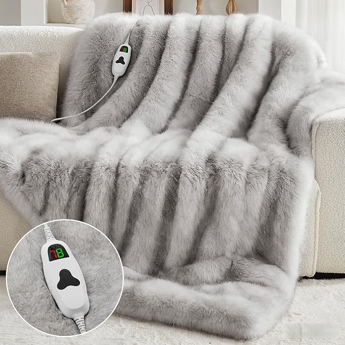 Heated Electric Blanket Throw,Octrot 50"X60" Faux Fur Heating Blanket Luxury Christmas Gifts Heavy Plush with 10 Heats Levels & 8 Hours Auto Off,Super Cozy Warm Fuzzy,Fluffy Decor Winter Warming,White