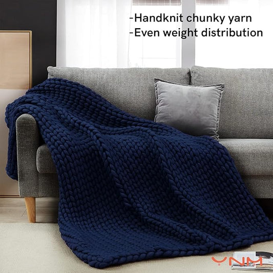 YnM Knitted Weighted Blanket, Hand Made Chunky Knit Weighted Throw Blanket for Sleep, Stress or Home Décor (Navy, 60''x80'' 15lbs), Suit for One Person(~140lb) Use on Twin/Full Bed