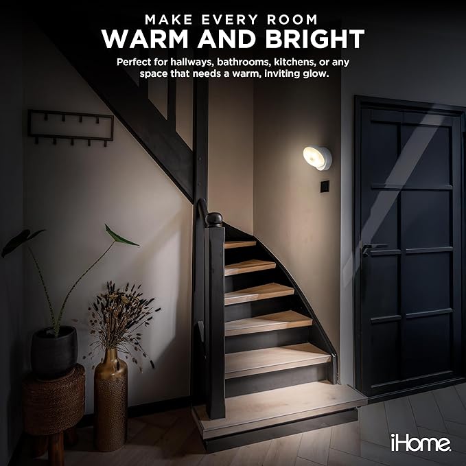 iHome 360° Rotating Motion Sensor Puck Light, Auto Mode & Always On Mode, Magnetic Detachable Base, Warm 4000K Glow, Batteries Included, Versatile Mounting, Perfect for Home Decor
