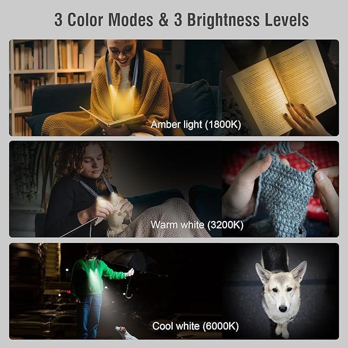 LED Neck Book Light Reading Lamp USB Rechargeable, Lighter Weight,Hands Free, Each 3 Colors with 3 Brightness, 80-hr Lasting Rechargeable Lamp,Perfect for Reading in Bed (Grey).