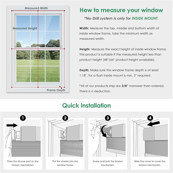 LazBlinds No Tools No Drill Cordless Cellular Shades, Blackout Light Blocking Honeycomb Shades for Home, Thermal Insulation Blinds for Windows, 25" W x 72" H, White