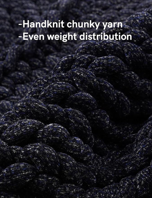 YnM Chenille Weighted Blanket, Handmade Chunky Knitted Design, Soft and Cozy, Temperature Regulating and Breathable, Machine Washable Throw for Sleep or Home Decor (Black Blue, 50x60 Inch, 10lbs)