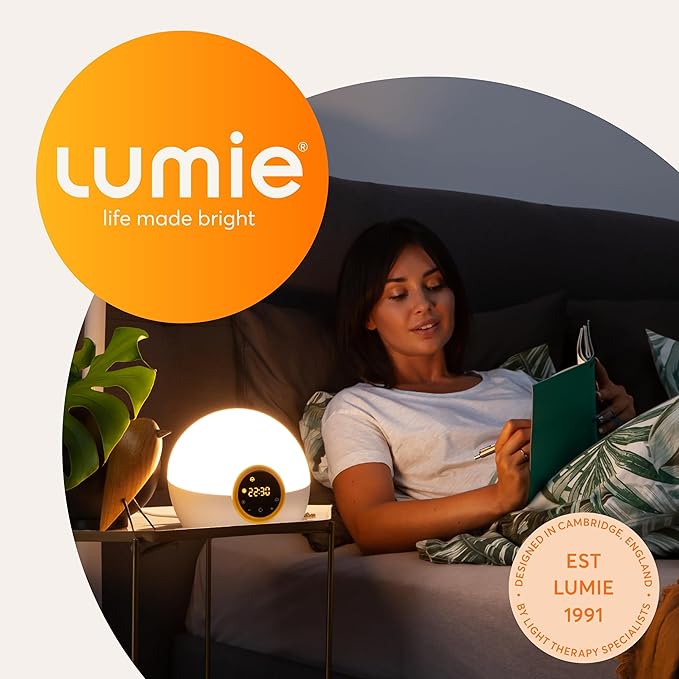 Lumie Bodyclock Rise 100 - LED Wake-Up Light Alarm Clock with Realistic Sunrise and Sunset, Dimmable, White/Yellow