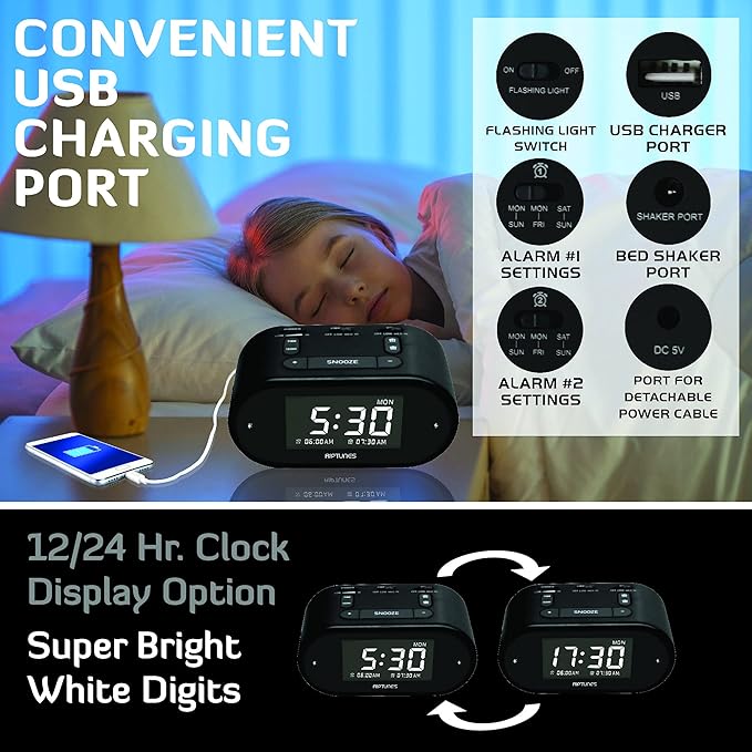 Riptunes Loud Alarm Clock with Bed Shaker for Heavy Sleepers & Hearing Impaired - Dual Alarm for Bedroom Weekday and Weekend Settings USB Charging, Dimmer, Snooze (Black)