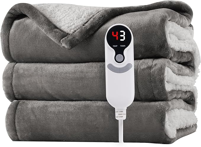 Electric Heated Blanket Throw Size 50"x60" - Flannel & Sherpa Fabric Dual-Sided, 6 Heat Settings & 3 Hours Auto Off, Soft & Cozy Warming Throw for Home, Office, or Bed, Machine Washable, Light Gray