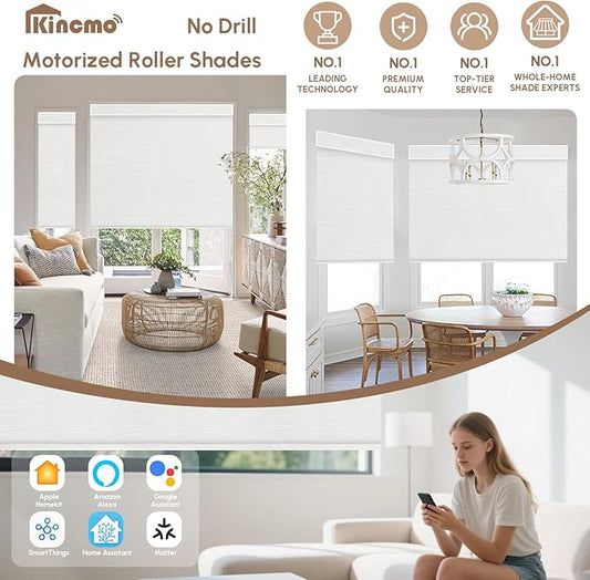 Kincmo No Drill Motorized Blinds with Remote, 100% Blackout Roller Shades for Windows, Custom Electric Blinds Compatible with Alexa, Apple Homekit, Google Home (100% Blackout Dreamy White)