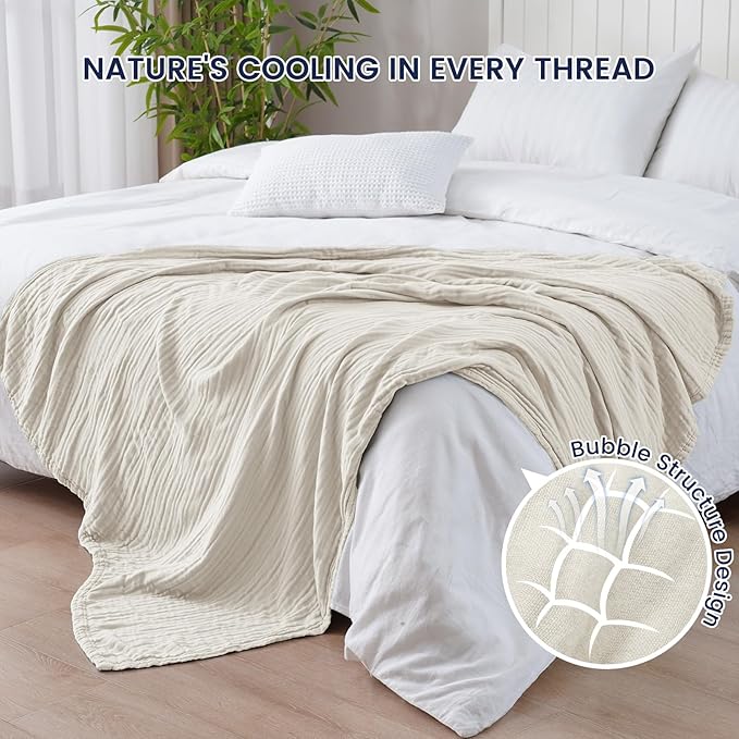 PHF Cooling Muslin Throw Blanket for Hot Sleepers, 60% Viscose from Bamboo, 40% Cotton and 4-Layer Breathable Gauze Blanket for Bed Couch, 50"x60", Oat Milk