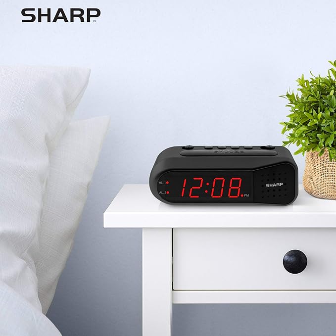 Sharp Easy-Set Digital Alarm Clock for Bedroom – Large Red LED Display, Ascending Loud Alarm for Heavy Sleepers, Dual Alarm Weekday/Weekend, Simple Operation, Snooze & Dimmer Control, Battery Backup