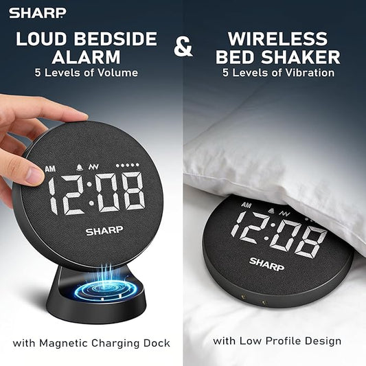 Sharp Vibrating Alarm Clock for Heavy Sleepers – Super Loud Bed Shaker Under Pillow, 29-Hr Rechargeable Battery, 3 Modes, 5 Vibration & 5 Volume Levels, 6-Step Dimmer, Cordless Travel Alarm
