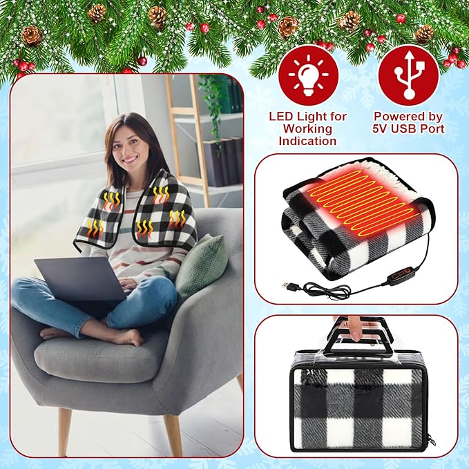 Tuanse 2 Pcs USB Heated Blanket 25"x35" Small Portable 5v 3 Setting Electric Blanket with Timer and Temperature Controller Winter Wearable Recharge Throw for Travel Home(Single Black and White Plaid)