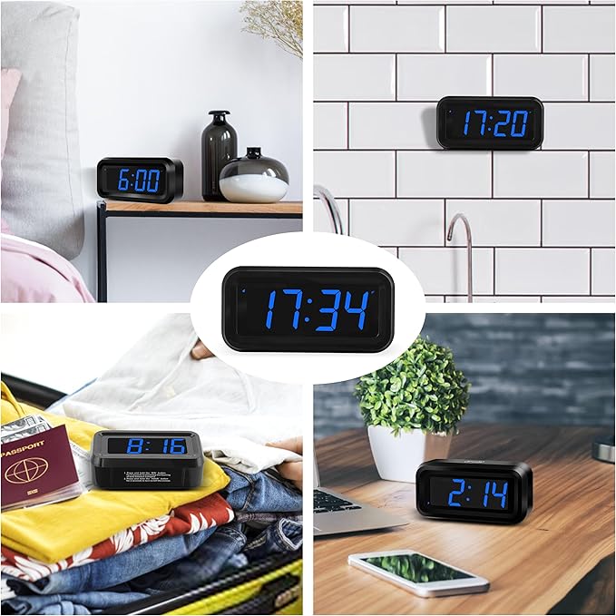 KWANWA Small Digital Alarm Clock, 1.2inch Dark Blue LED Digits, Adjustable Brightness, Dim Night Model, 12H/24H, Battery Operated, Wall Mount, Snooze, Clock for Kids Bedroom, Small Travel Clock