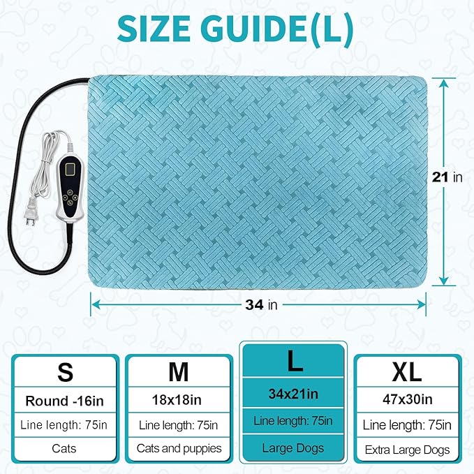Dog Heating Pad 34x21inches, Pet Heating Pad for Dogs with Timer Temperature Control, Waterproof Whelping Mats Heated Dog Bed with Chew Resistant Cord, Soft Cloth Cover