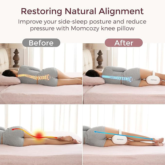 Momcozy Knee Pillow for Side Sleepers, Soft Memory Foam Support Spine Alignment Pregnancy Leg Pillow for Hips, Back, Sciatica Pain, Fixed Strap for Moving, Wider Contact Even Pressure