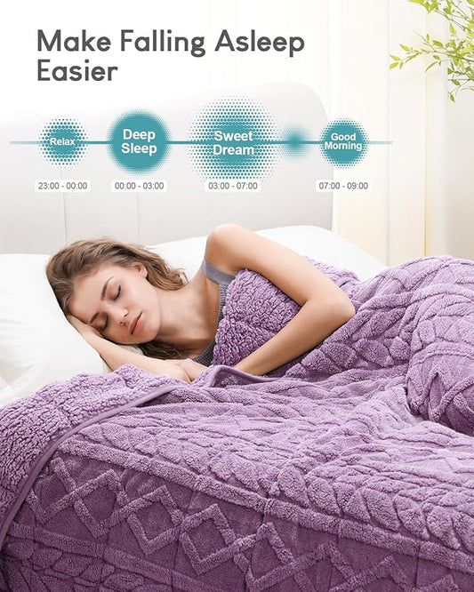 Cottonblue Jacquard Weighted Blanket 15lbs for Adults Twin Full Size, Soft Fuzzy Sherpa Fleece Weighted Throw Blankets 48x72 in for Relax and Sleep, Cozy Heavy Bed Blankets with Cemaric Beads, Purple