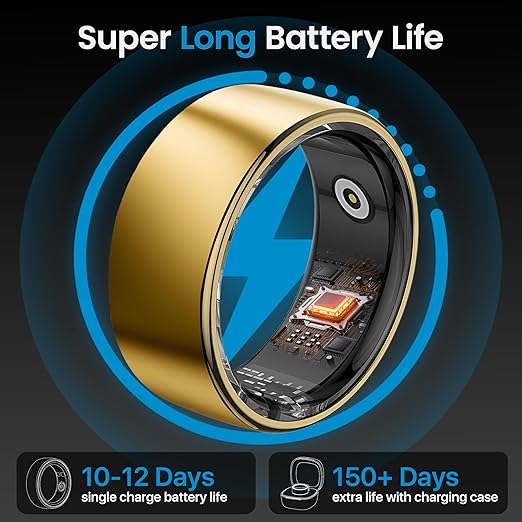 Smart Ring Health Tracker - 24/7 Fitness & Sleep Tracking with Heart Rate Monitor, IP68 Waterproof Activity Tracker for Men/Women, 50+ Workout Modes, 7-Day Battery(Gold 12#)