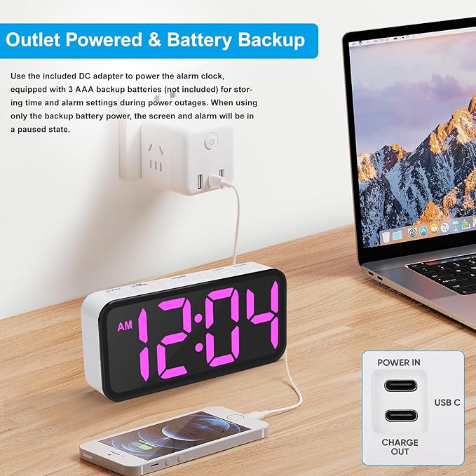 Alarm Clocks for Bedrooms Heavy Sleepers - Snooze for Deep Sleepers Adults Home Office, Digital Alarm Clock with Type-C Charging Port, Large Bold Number Display, Adjustable Alarm Volume and Dimmer