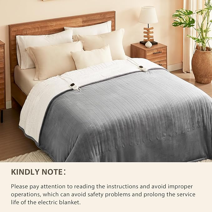 Homemate Heated Electric Blanket Queen Size - 84"x90" Heating Bed Blanket Throw with 10 Heating Levels 8 Hours Auto Off Fast Heating Over-Heat Protection Ultra Soft Flannel ETL Certified, Grey