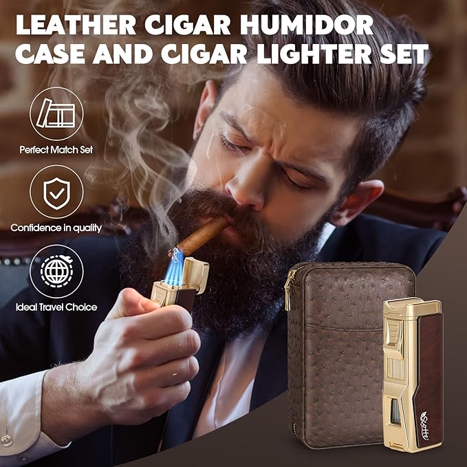 Scotte Cigar Humidor Box, Cedar Wood Lined Leather Case with Built-in Hygrometer & Humidifier, Torch Lighter with Cigar Holder & Punch - Portable Travel Humidor Kit (Dark Brown)