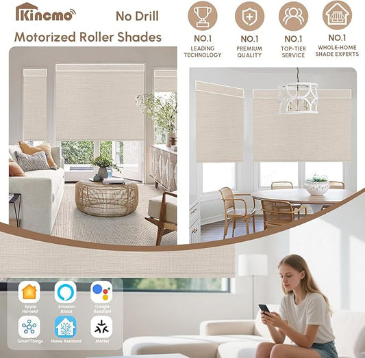 Kincmo No Drill Motorized Blinds with Remote, 100% Blackout Roller Shades for Windows, Custom Electric Blinds Compatible with Alexa, Apple Homekit, Google Home (100% Blackout Weave Beige)