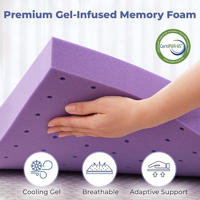 BDEUS 3 Inch Gel Memory Foam Mattress Topper Queen Size, Cooling Mattress Topper for Back Pain Relief, Non-Slip Design with Removable & Washable Soft Bamboo Cover.