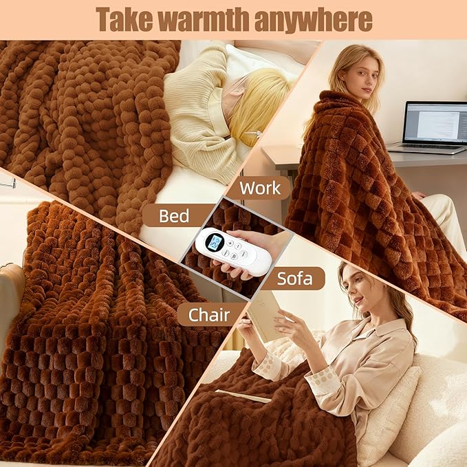 Heated Blanket Throw 50" x 60" Soft Ribbed Faux Fur Flannel Fast Heating 12 Heat Levels 1â12H Timer & Overheat Protection & Auto Shut-Off & ETL FCC & Machine Washable Heated Throw