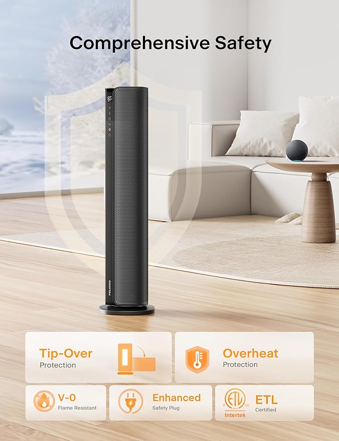 PELONIS Space Heater Large Room, 30" Smart Electric Heaters with Thermostat, App & Voice Remote, 4 Heat Settings, ECO Mode, 24H Timer, Oscillating Tower Heaters for indoor use, Bedroom, Office