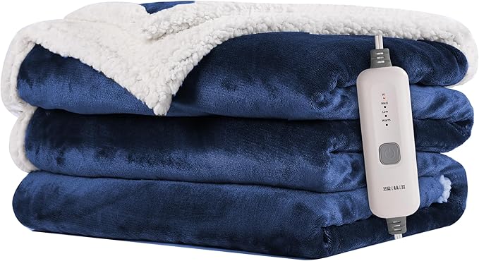 Electric Heated Blanket 62"x84" Twin Size Flannel & Sherpa - 4 Heat Settings & 10H Auto Shut Off for Safe Overnight Use, Fast Heating, Machine Washable for Bed, Couch, Office - Dark Blue