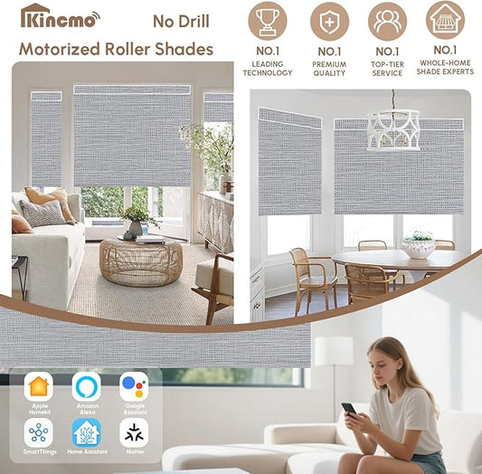 Kincmo No Drill Motorized Blinds with Remote, 100% Blackout Roller Shades for Windows, Custom Electric Blinds Compatible with Alexa, Apple Homekit, Google Home (100% Blackout Weave Grey)