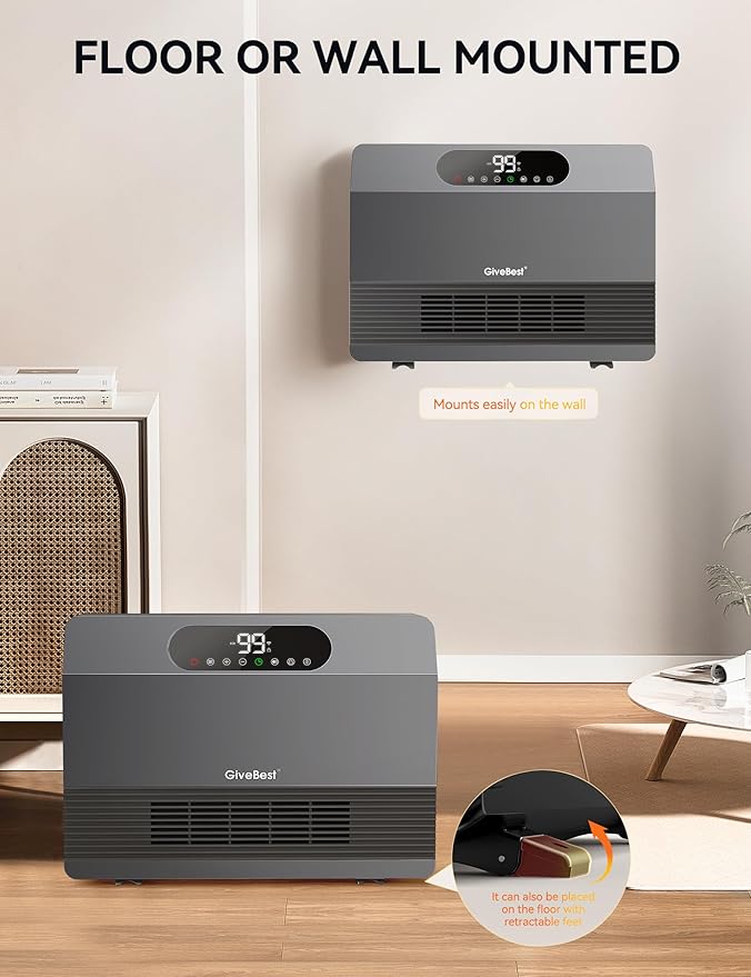 GiveBest Smart Wall Heater, 1500W Fast Heating Space Heater for Bedroom, Electric Room Space Heater with Thermostat for Indoor Use, Easy Wall Mounted, On/Off Timers, Compatible with Alexa