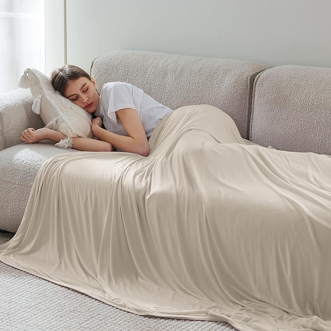Bedsure Beige Cooling Blanket for Hot Sleepers - Summer Cold Linen Beige Throw Blanket for Couch, Arc-Chill Lightweight Bedding, Cool Thin Ice Cold Cooled Throws with Rayon Derived from Bamboo, 50x70