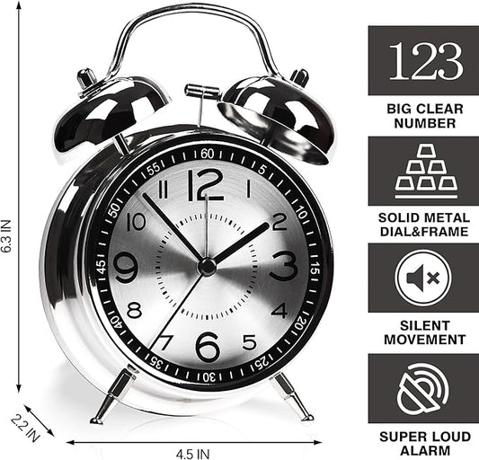 Super Loud Alarm Clock for Heavy Sleepers Adults,Twin Bell Retro 4 Inch Silent Non-Ticking Quartz with Backlight, Metal dial, Alarm Clocks for Bedrooms Bedside (Gray)